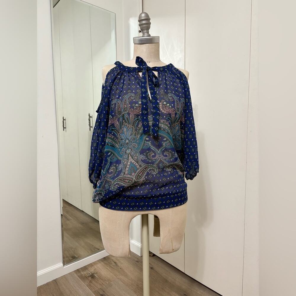 Myth Bohemian Blue Woman's Paisley Cold Shoulder Blouse Medium